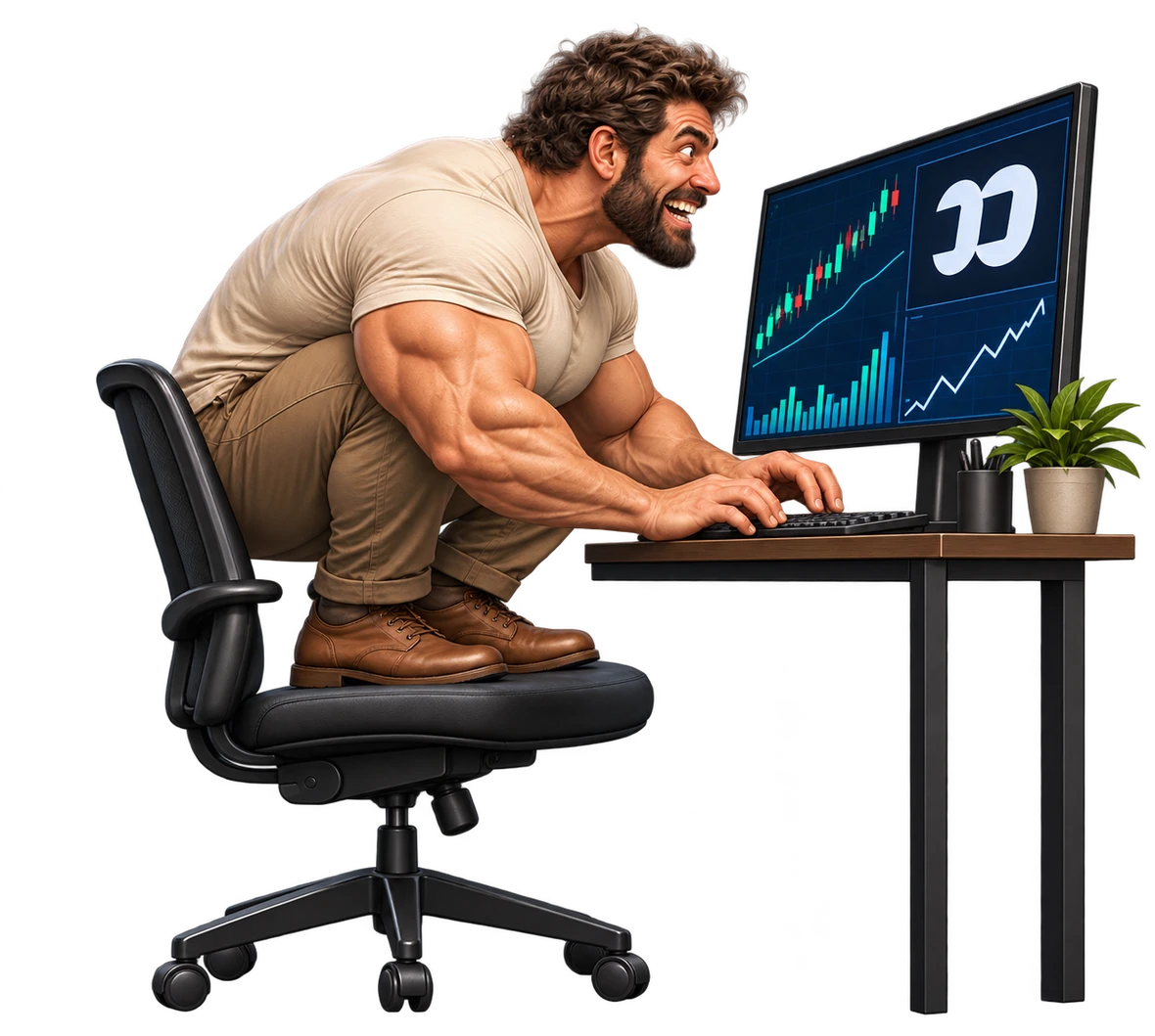 Fomosapiens, a huge excited man crouching on an office chair at a computer